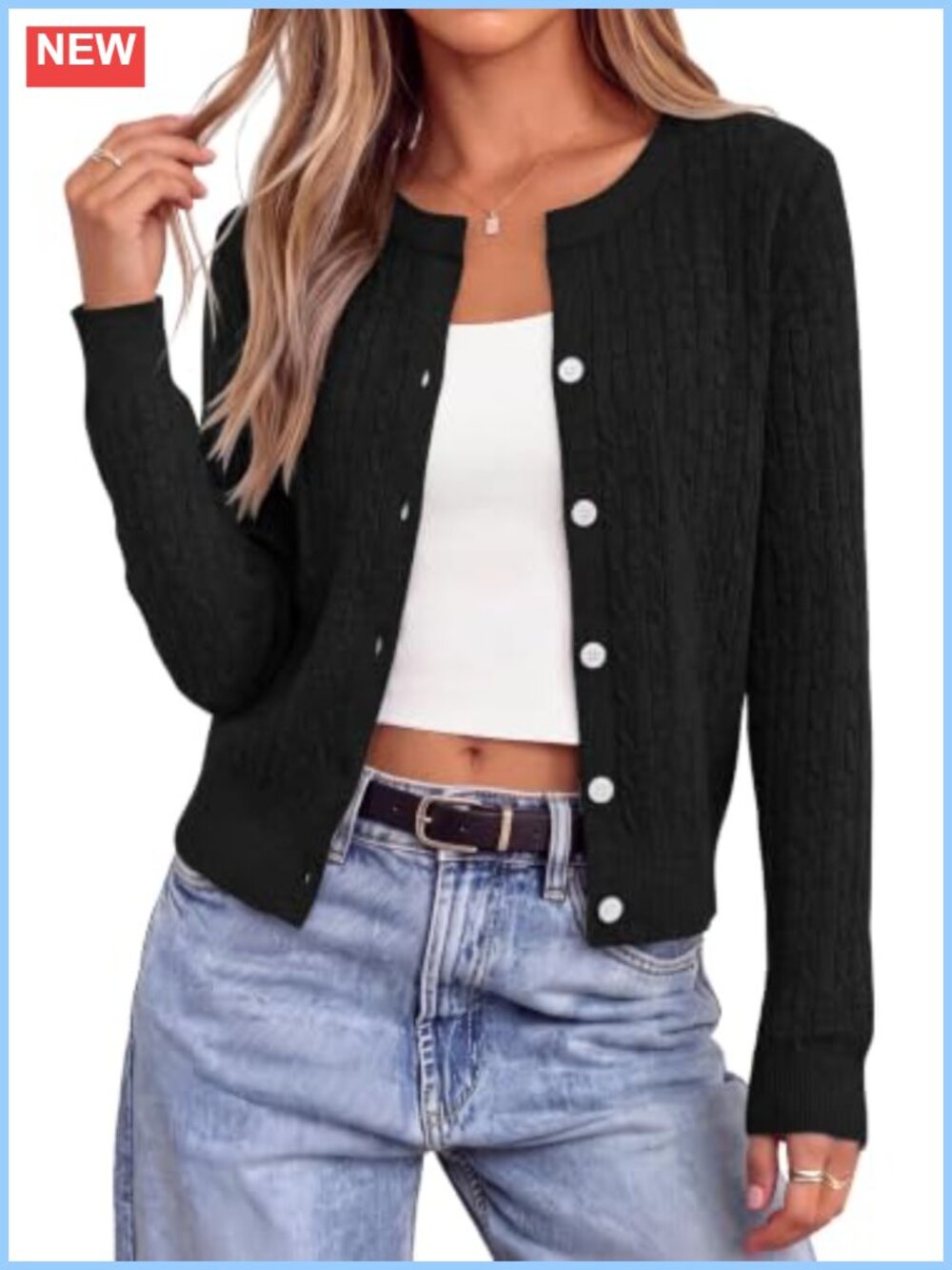 Cable Knit Cropped Cardigan Sweater V Neck Button Down Long Sleeve